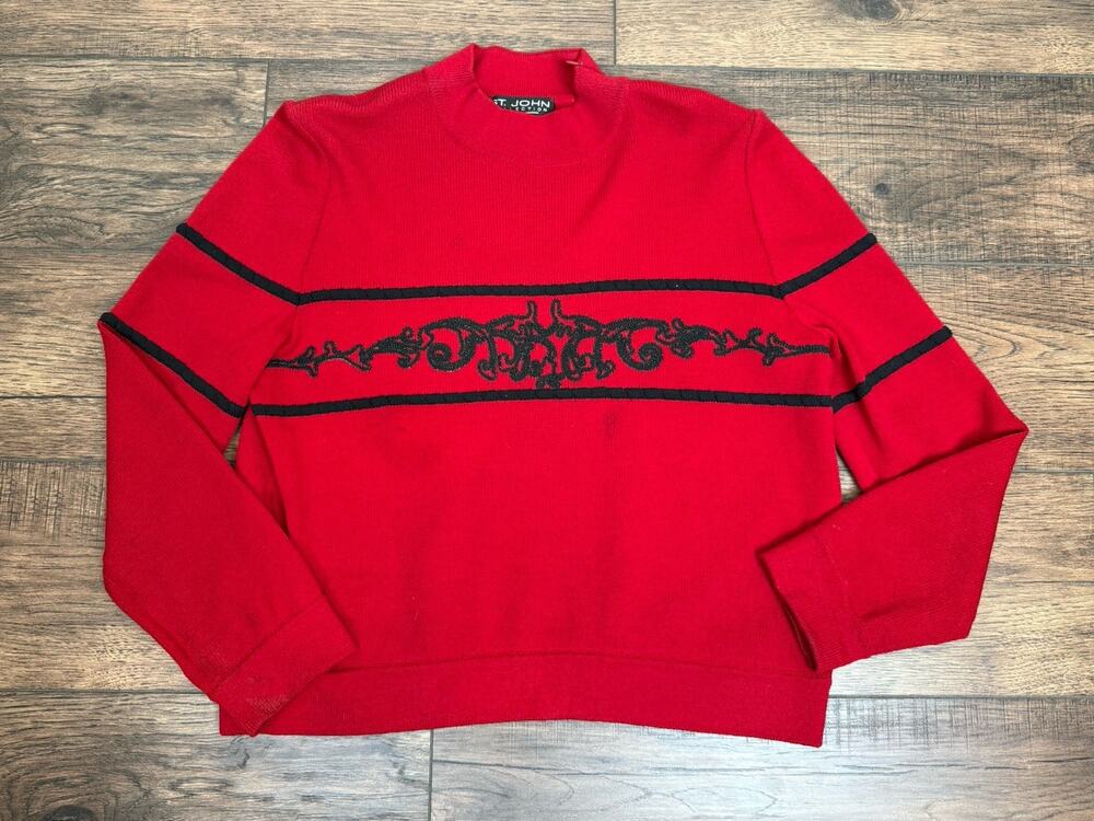 St. John Collection by Maria Gray Red Knit Sweater Black Beading Mock Neck Sz L